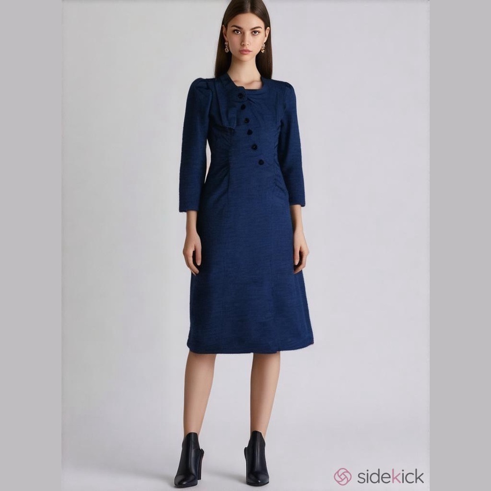 All That Jazz Vintage 90's Navy Midi Dress Size 5/6 Puffed Sleeve Shoulder Pads